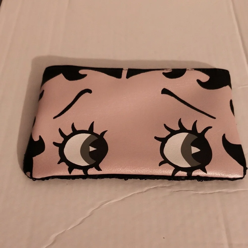 Betty Boop Graphic Eyes Makeup Bag Pink Black Zipper Cosmetic Pouch Travel Case